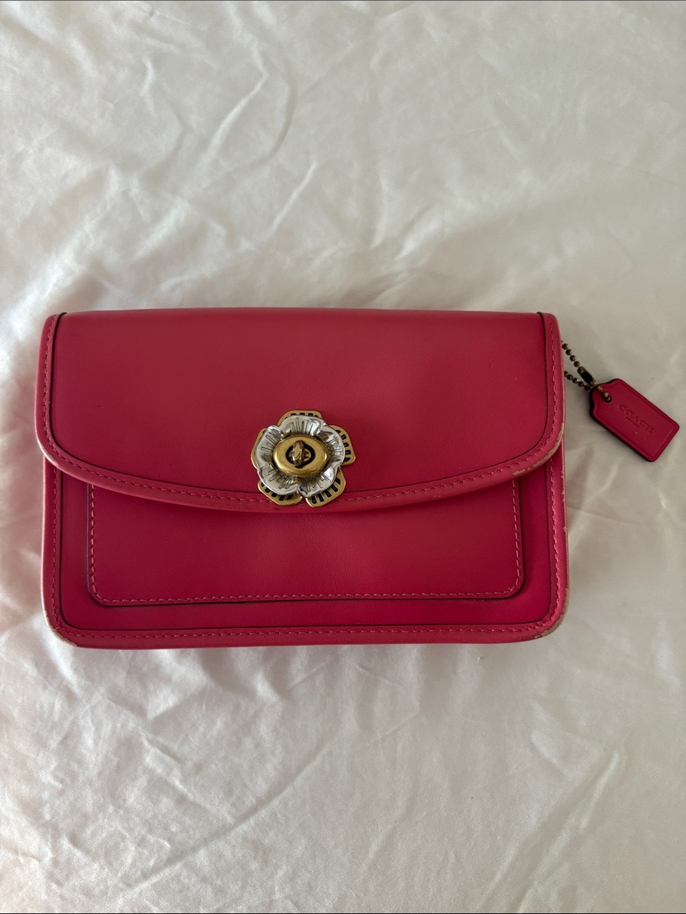 Coach Hot Pink Leather Tea Rose Turnlock Crossbody Bag